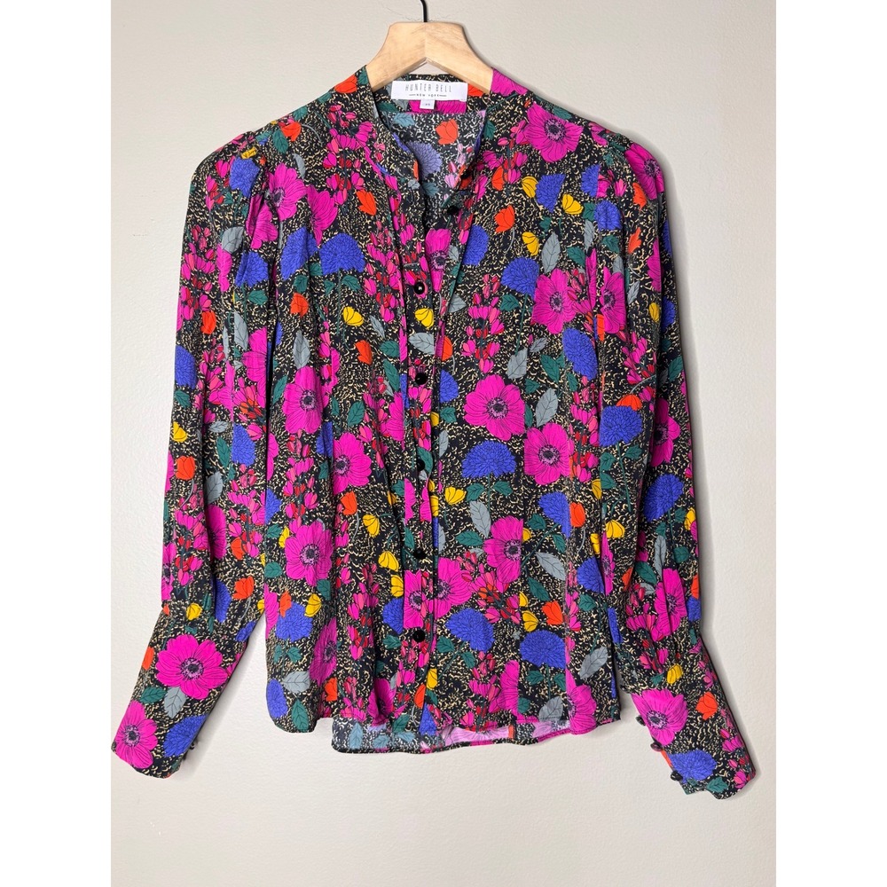 Hunter Bell New York 100% Silk Floral Band Collar Blouse Multicolor 19HT19 XS